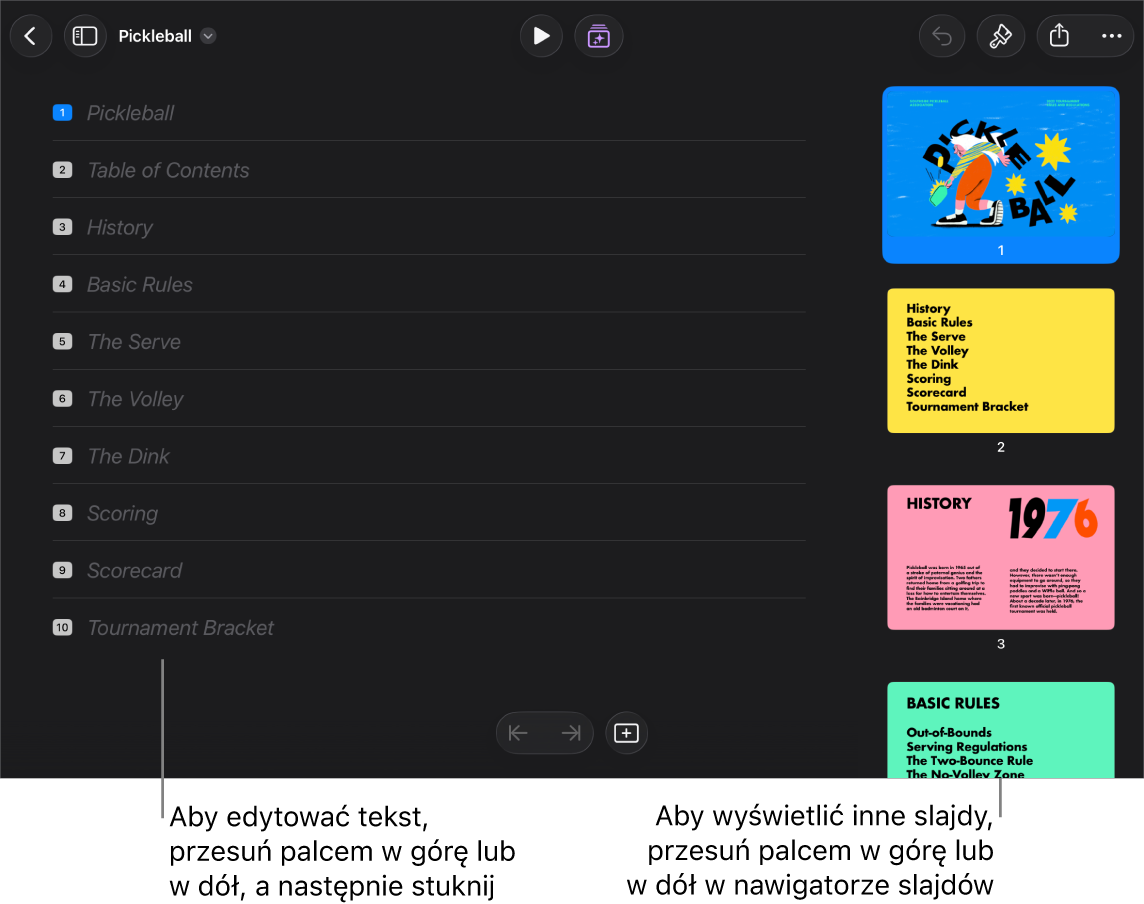 Widok konspektu. Po lewej stronie ekranu widoczny jest konspekt tekstowy. Po prawej stronie ekranu widoczny jest pionowy nawigator slajdów.