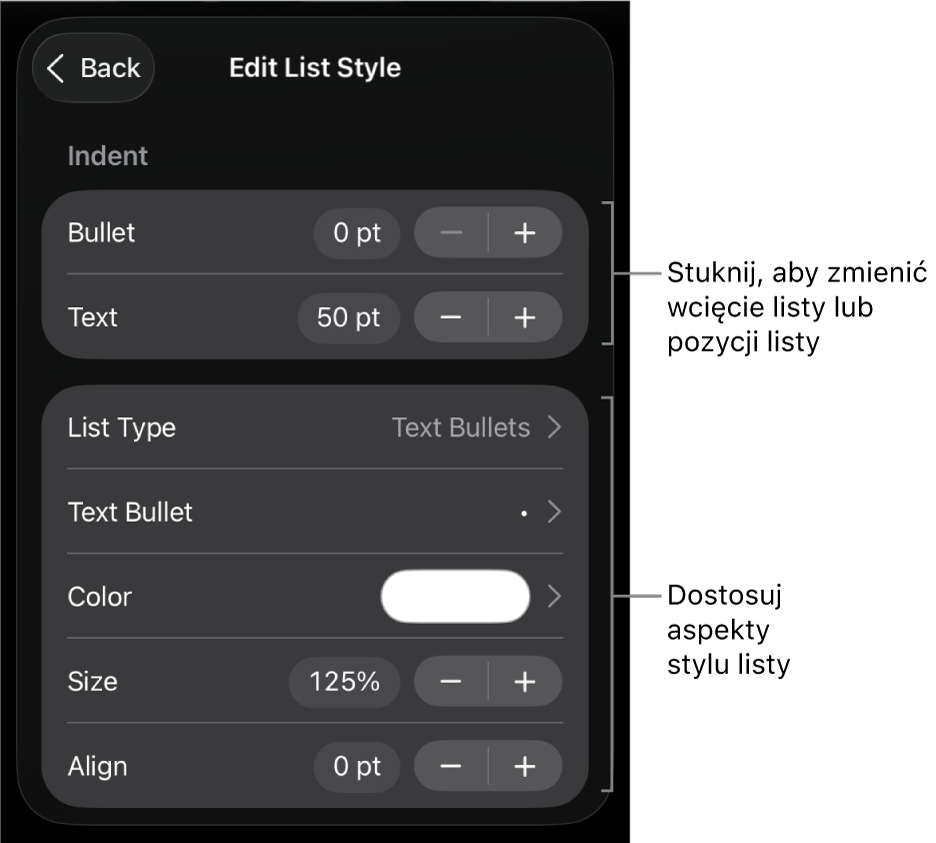 Menu Edycja stylu listy z narzędziami umożliwiającymi edycję typu i wyglądu listy.
