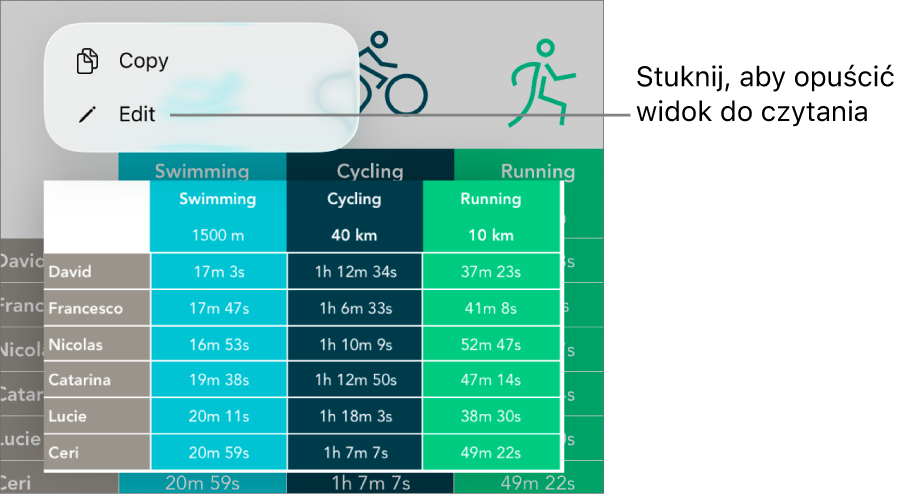 Zaznaczona komórka tabeli z widocznym powyżej menu kontekstowym zawierającym przyciski Kopiuj oraz Edycja.