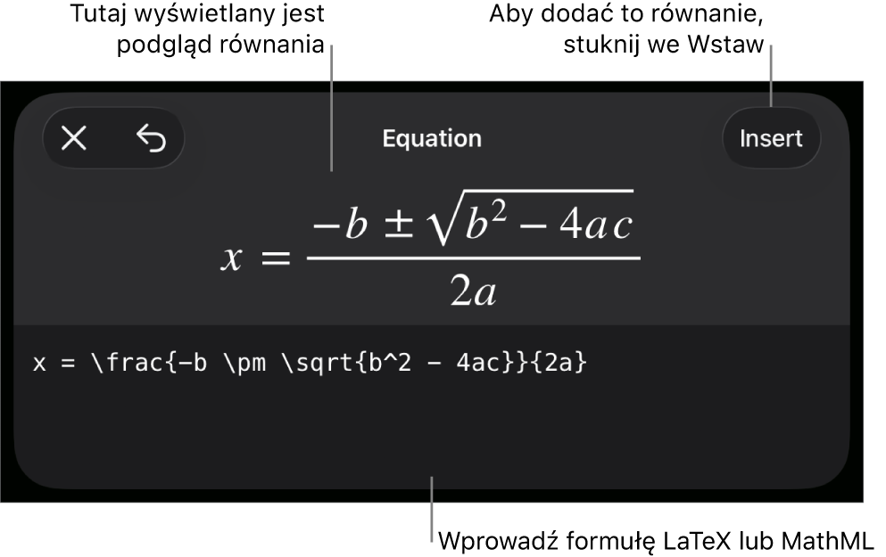 Pole dialogowe Równanie, zawierające równanie zapisane przy użyciu języka MathML. Powyżej widoczny jest podgląd tego równania.