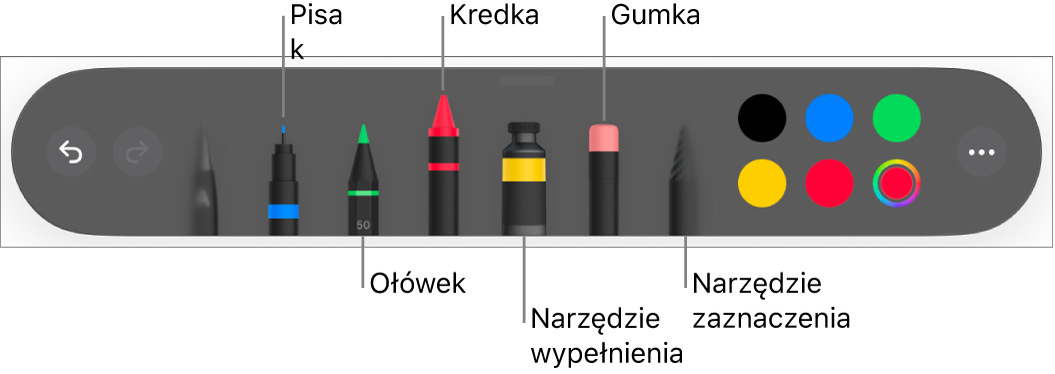 Pasek narzędzi rysowania: pisak, ołówek, kredka, wypełnianie, gumka i zaznaczanie. Oprócz nich widoczna jest także paleta kolorów, zawierająca bieżący kolor.