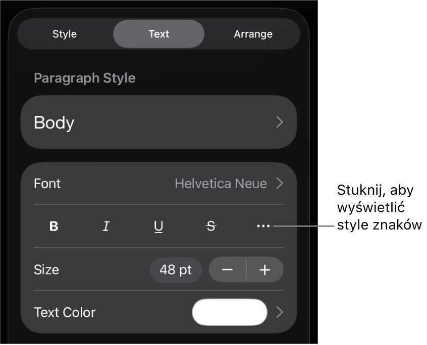 Narzędzia formatowania. Na samej górze widoczne są style akapitu, a poniżej znajdują się narzędzia czcionki. Pod narzędziami czcionki widoczne są przyciski Pogrubienie, Kursywa, Podkreślenie, Przekreślenie oraz Więcej opcji tekstu.