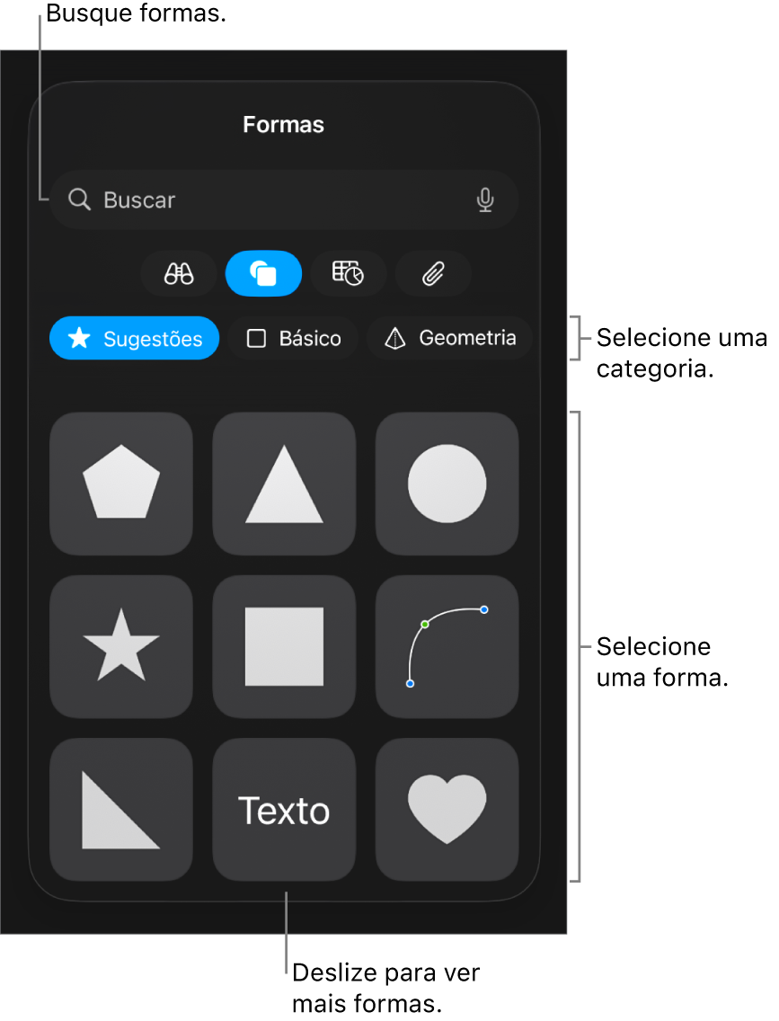 A biblioteca de formas, com categorias na parte superior e formas exibidas abaixo. Você pode utilizar o campo de pesquisa na parte superior e deslizar para ver mais.