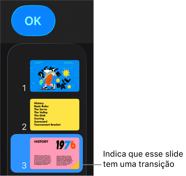 Um triângulo amarelo em um slide indica que o slide tem uma transição.
