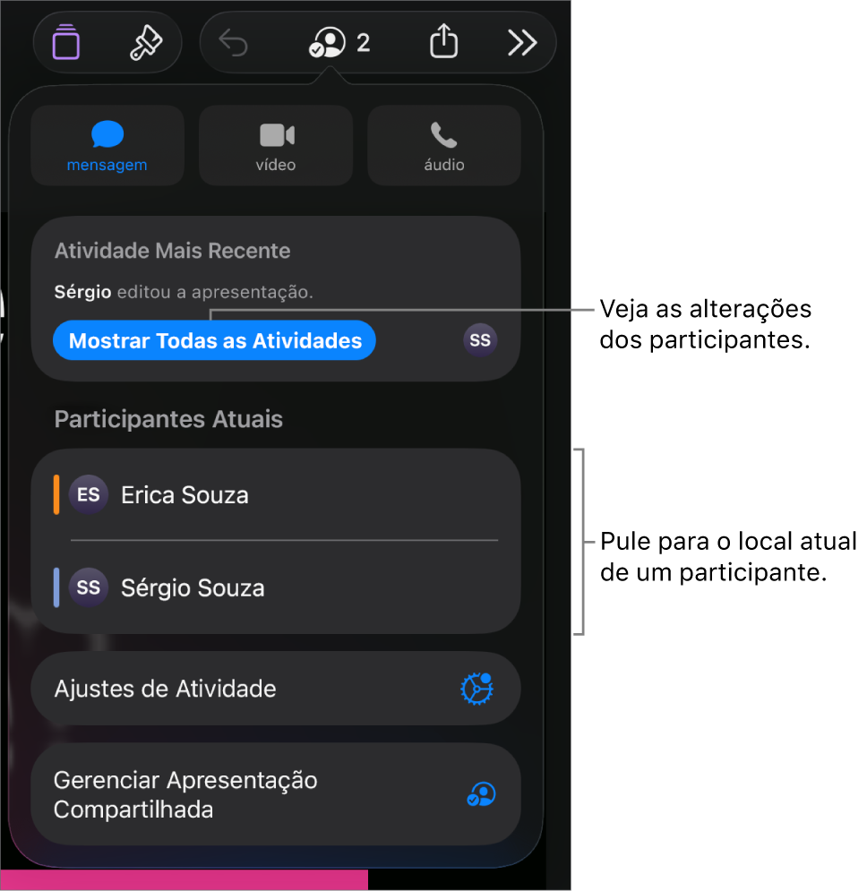 Menu de colaboração com participantes atuais listados.