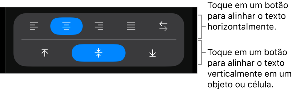 Botões de alinhamento horizontal e vertical de texto.