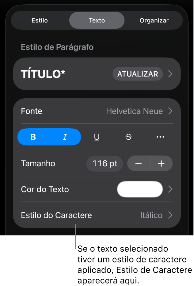 Os controles de formatação de texto com “Estilo de Caractere” abaixo dos controles de cor. O estilo de caractere Nenhum aparece com um asterisco.