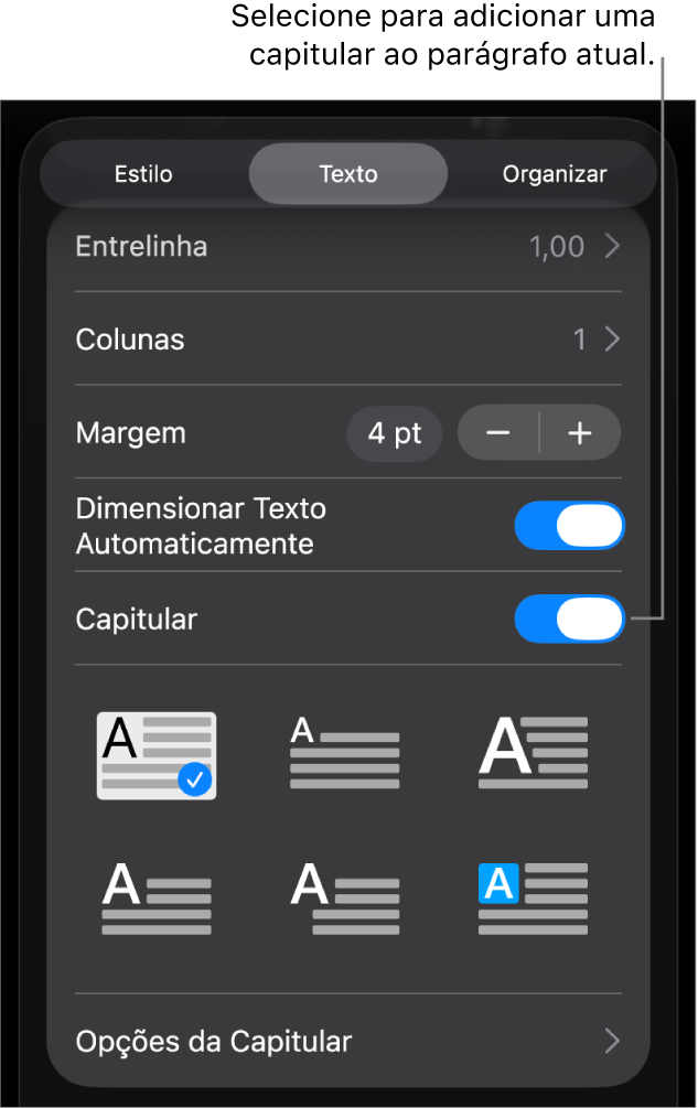 Controles Capitular localizados no menu Texto.