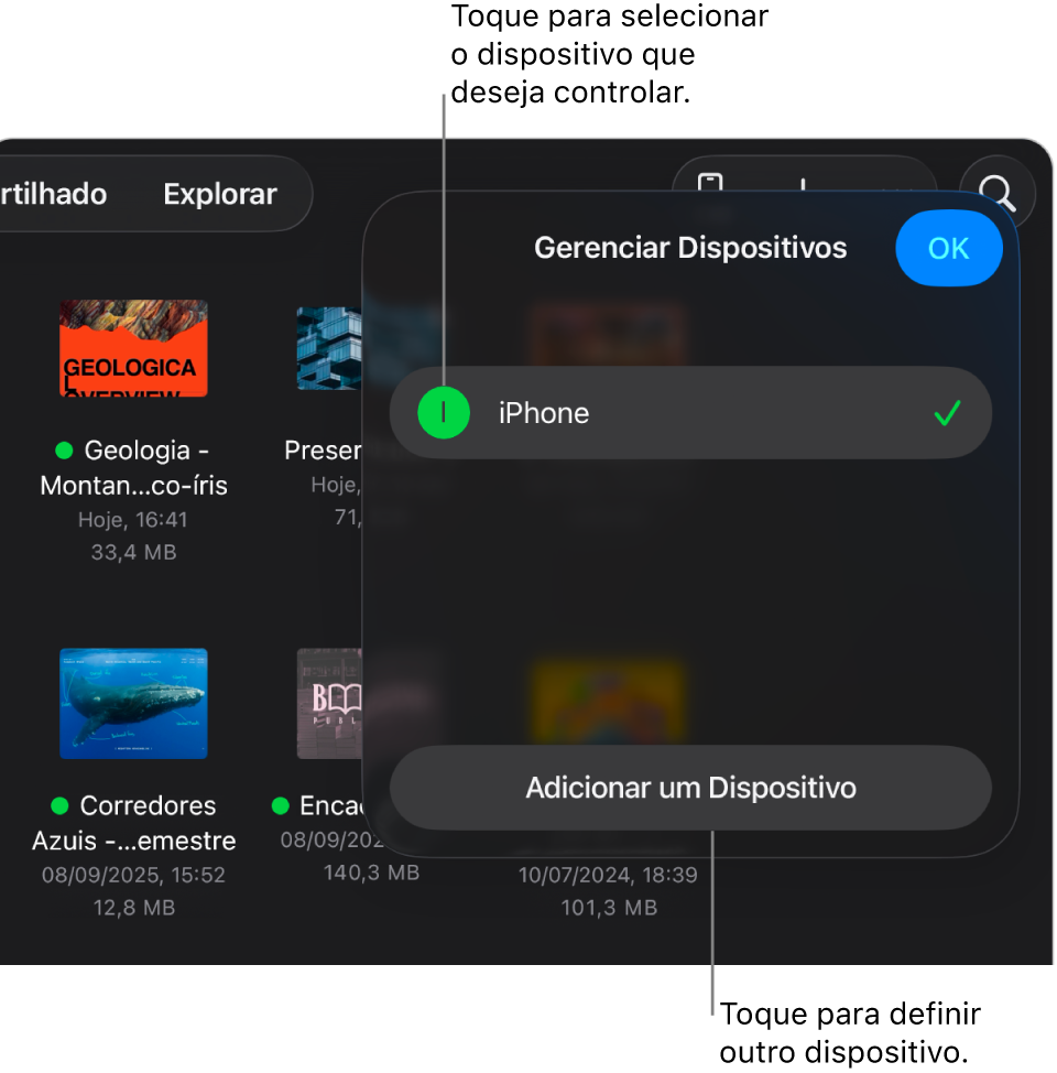 Menu pop-up de “Gerenciar Dispositivos” mostrando o link “Adicionar um Dispositivo”.