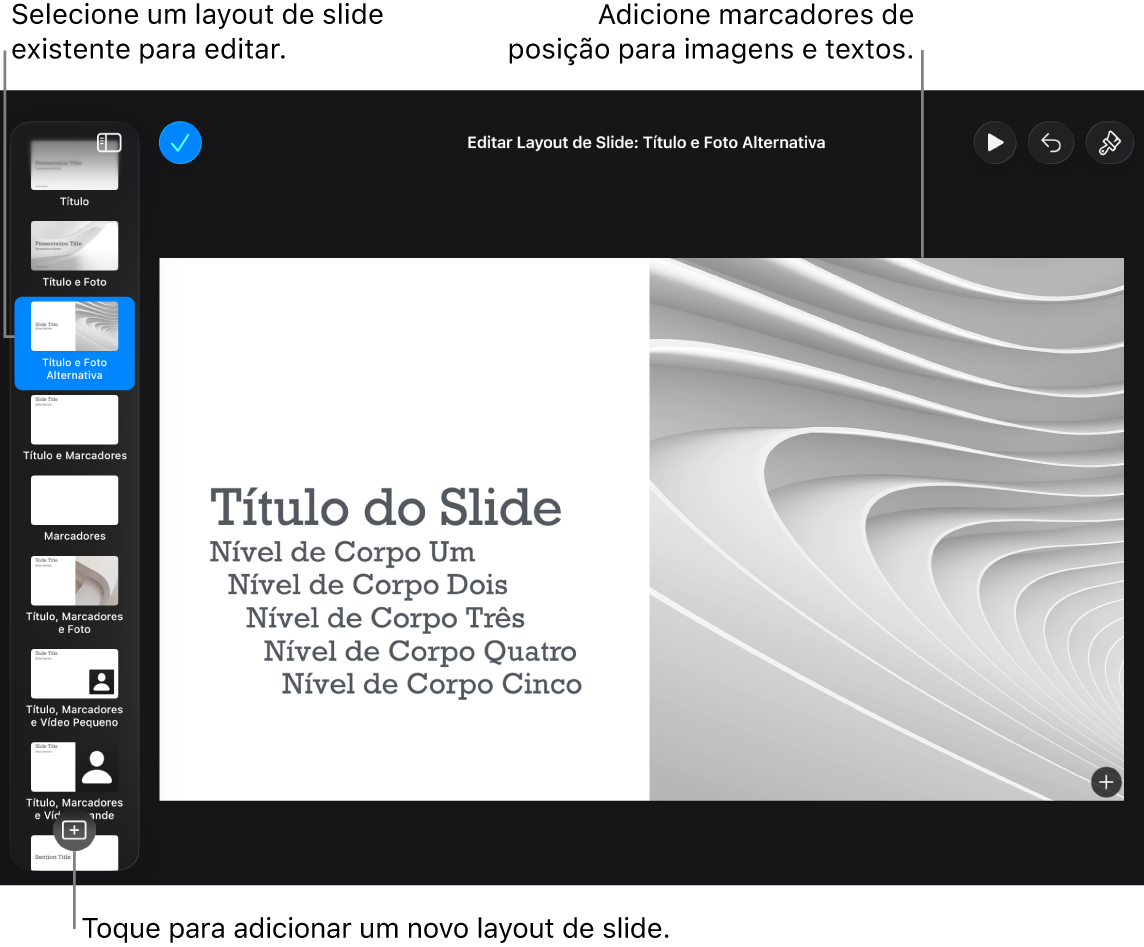 Um layout de slide exibido na tela de slides, com o botão “Adicionar um Layout de Slide” na parte inferior do navegador de slides.