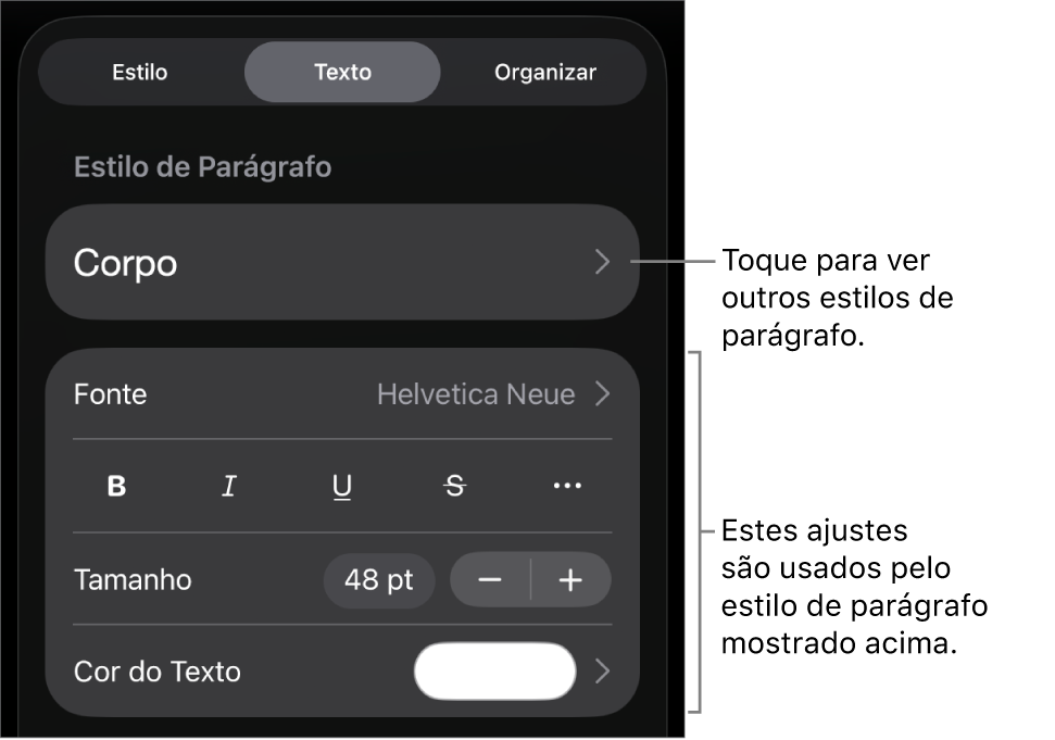 O menu Formatar, mostrando controles de texto para definir estilo, fonte, tamanho e cor de caractere e parágrafo.