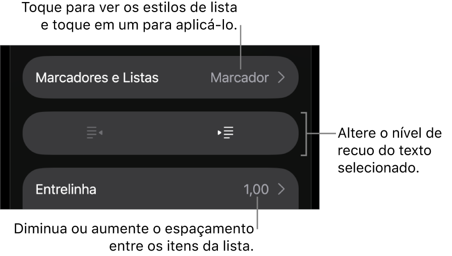 Seção “Marcadores e Listas” dos controles de Formatação, com chamadas para “Marcadores e Listas”, botões para aumentar ou diminuir o recuo e controles de entrelinha.