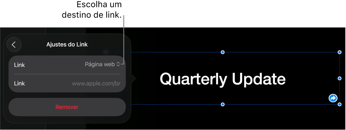 Controles de “Ajustes do Link” com Página Web selecionado e o botão Remover na parte inferior.