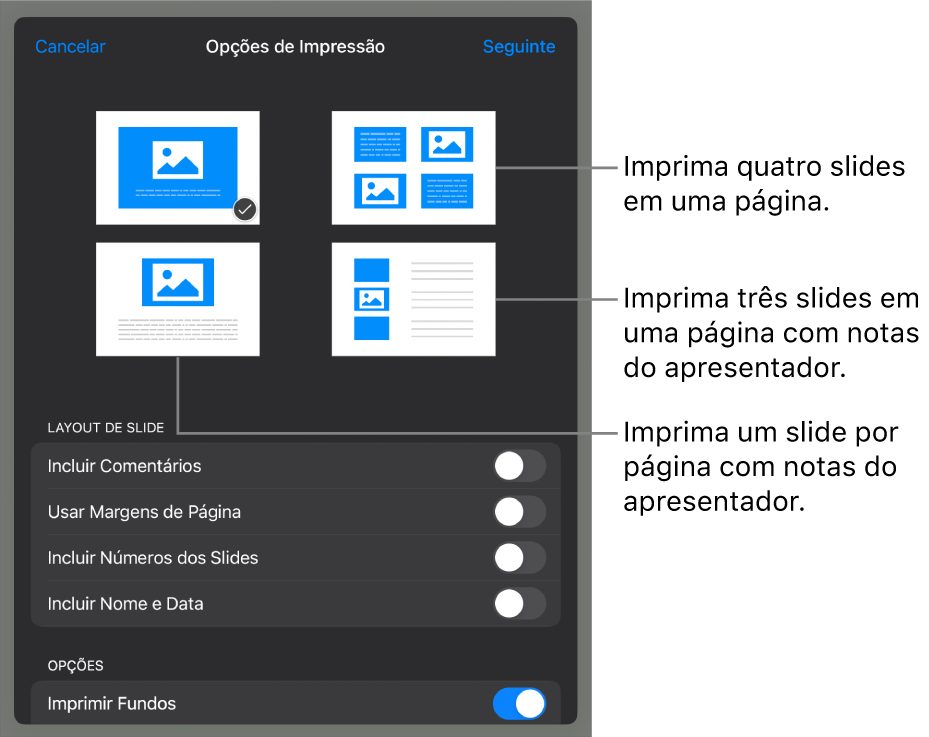 Opções de layout de impressão.