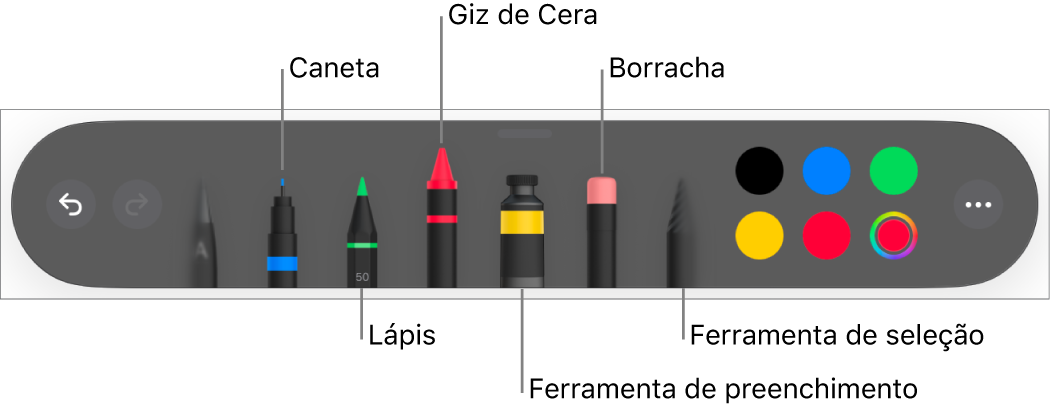Barra de ferramentas de desenho com caneta, lápis, giz de cera, ferramenta de preenchimento, borracha, ferramenta de seleção e disco de cores mostrando a cor atual.