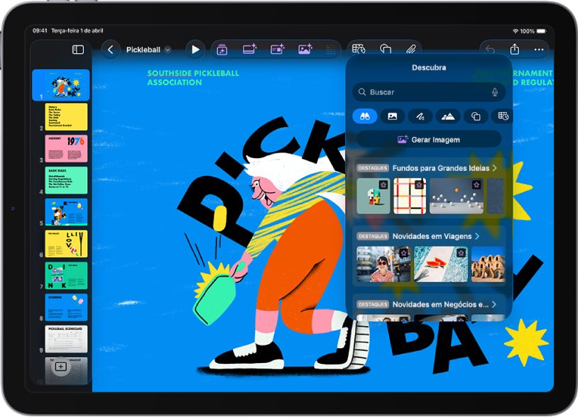 A categoria Descobrir da Central de Conteúdo exibe opções para gerar uma imagem ou adicionar imagens premium a um slide.
