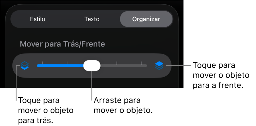 Botão Mover para Trás, botão Mover para a Frente e controle deslizante de camada