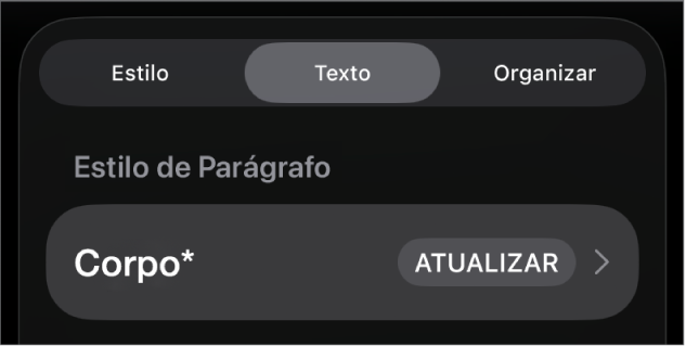Um estilo de parágrafo com um asterisco ao lado e um botão Atualizar à direita.