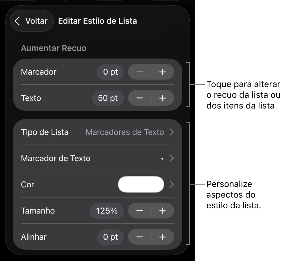 Menu de “Editar Estilo de Lista” com controles para editar o tipo e a aparência da lista.