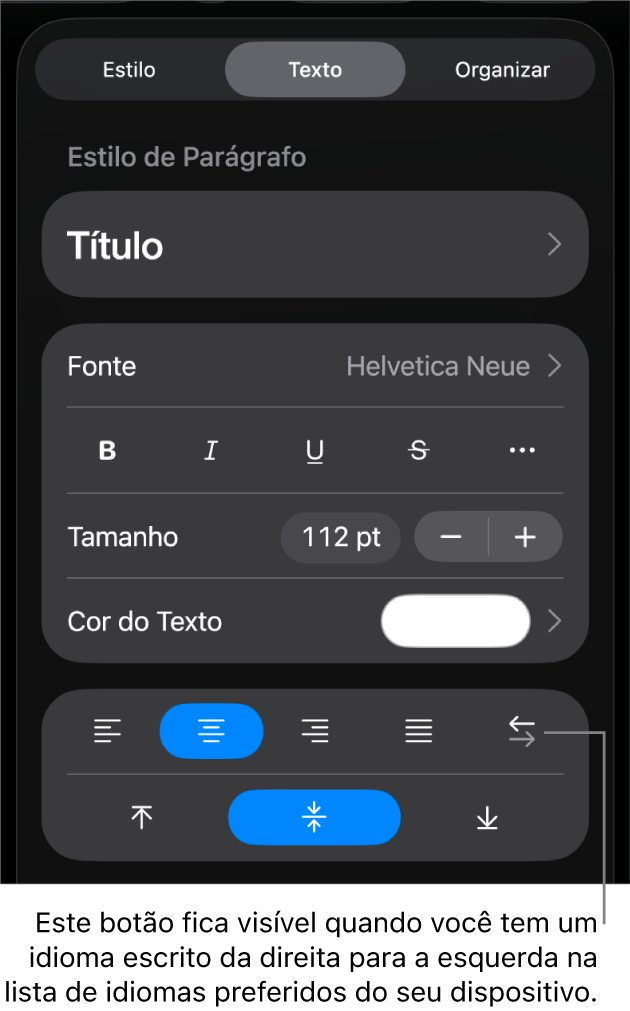Controles de texto no menu Formatar com uma chamada para o botão da Esquerda para a Direita.