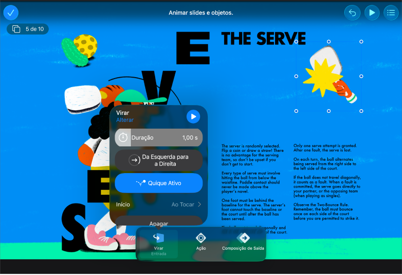 O app Keynote na visualização Somente Slide com os controles de Animação na parte inferior da tela.