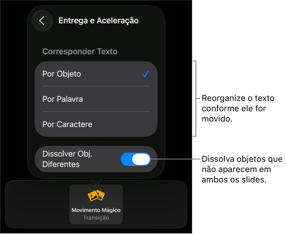 Opções de entrega e aceleração do Movimento Mágico no painel Aceleração.