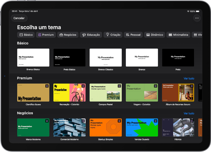 Seletor de temas, mostrando uma linha de categorias na parte superior na qual você pode tocar para filtrar as opções. Abaixo estão miniaturas de temas predefinidos organizados em linhas por categoria.