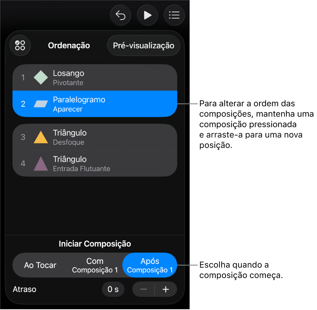 A Lista de Ordem de Composição exibindo efeitos de entrada com avisos amarelos e efeitos de saída com avisos cinza.