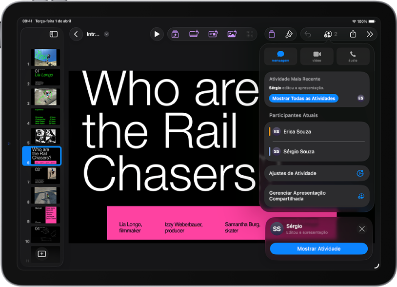 Menu de colaboração mostrando os nomes das pessoas que estão colaborando na apresentação.