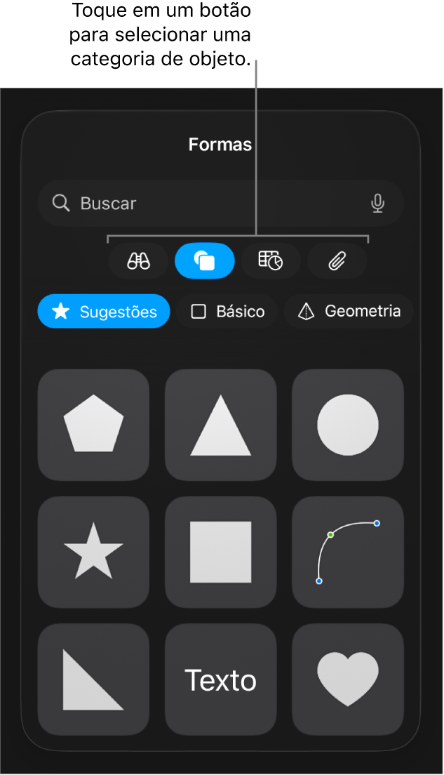Os controles para adicionar um objeto, com botões na parte superior para selecionar tabelas, gráficos, formas (incluindo linhas e caixas de texto) e mídia.