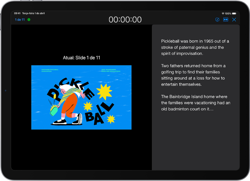 Janela introduzindo apresentações com vários apresentadores, com o botão Iniciar como Apresentador Atual na parte inferior.