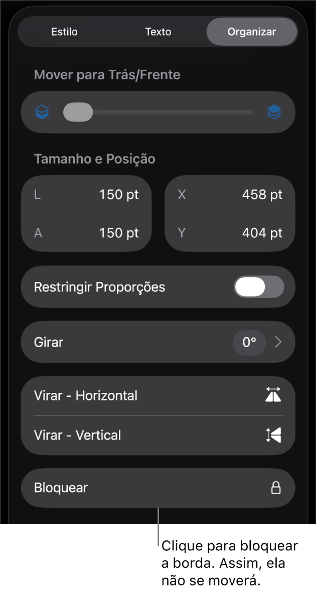 Controles de Organizar no menu Formatar, com o botão Bloquear destacado.