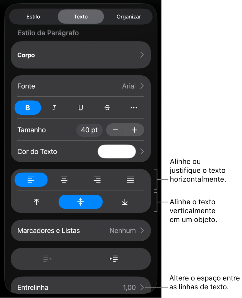 Painel Layout, com chamadas para os botões de alinhamento e espacejamento de texto.