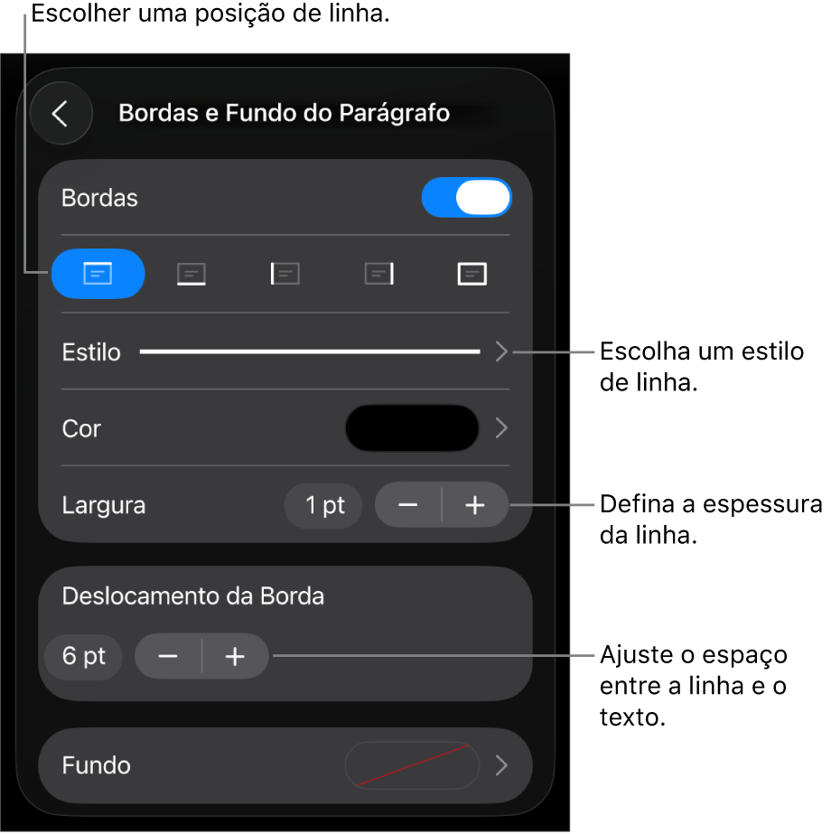Controles para alterar o estilo, a espessura, a posição e a cor da linha.