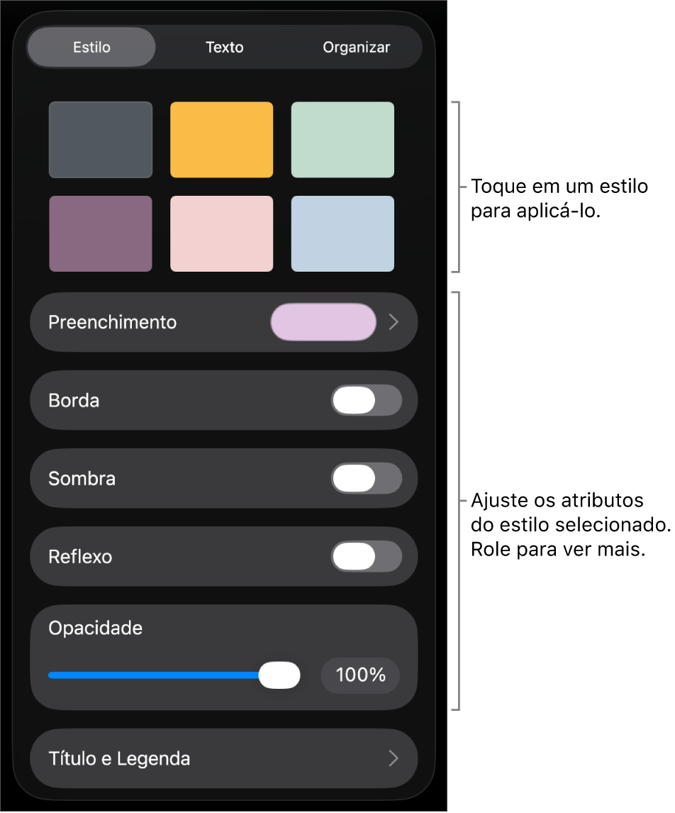 A aba Estilo do menu Formatar, com estilos de objetos na parte superior e controles abaixo para alterar borda, sombra, reflexo e opacidade.