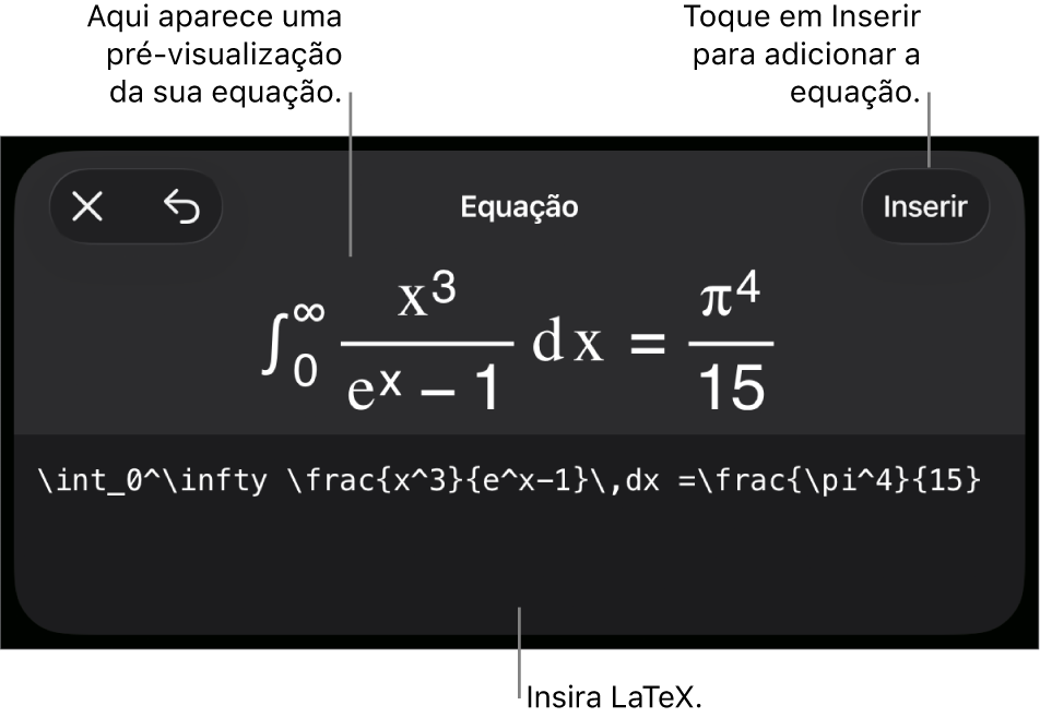 O diálogo de Equação, mostrando uma equação escrita com comandos LaTex e uma pré-visualização da fórmula acima.