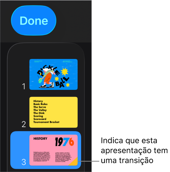 Um triângulo amarelo sobre um diapositivo indica que o dispositivo tem uma transição.