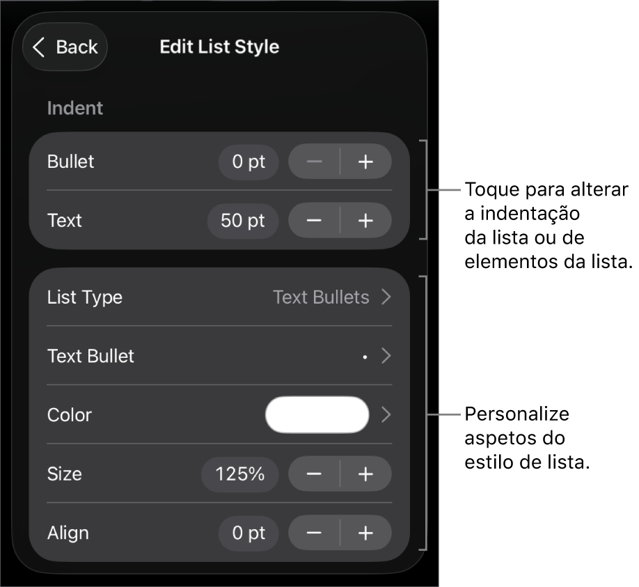 O menu “Editar estilo de lista” com controlos para edição do tipo e aspeto da lista.