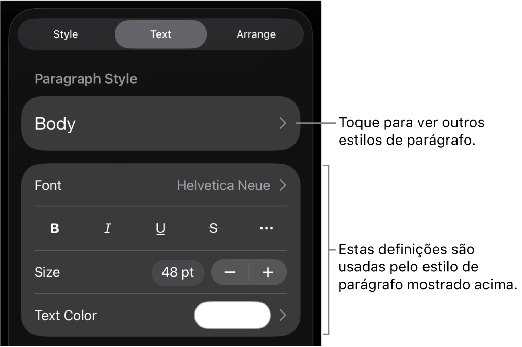 O menu "Formatação” a apresentar controlos de texto para definir estilos de parágrafo e carácter, tipo de letra, tamanho e cor.