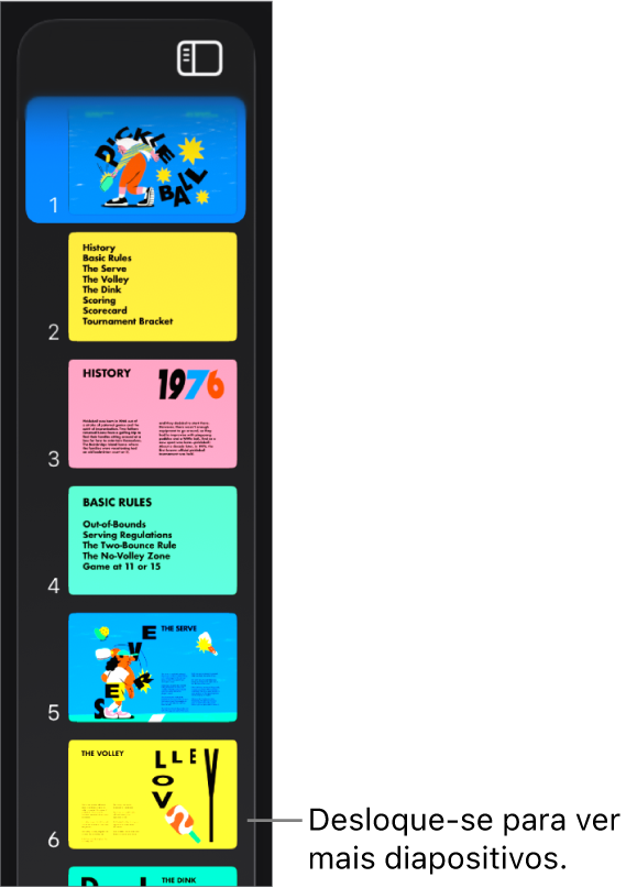 O navegador de diapositivos.