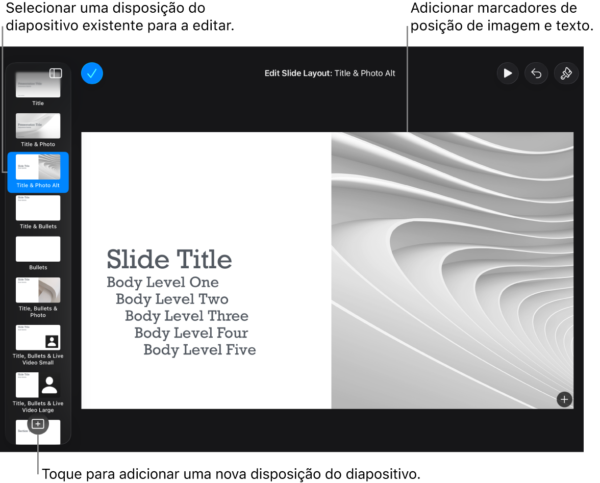Uma disposição de diapositivo visível no fundo do diapositivo, com o botão “Adicionar disposição do diapositivo” na parte inferior do navegador de diapositivos.