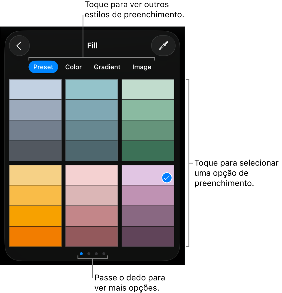 Opções de preenchimento no separador “Estilo”.