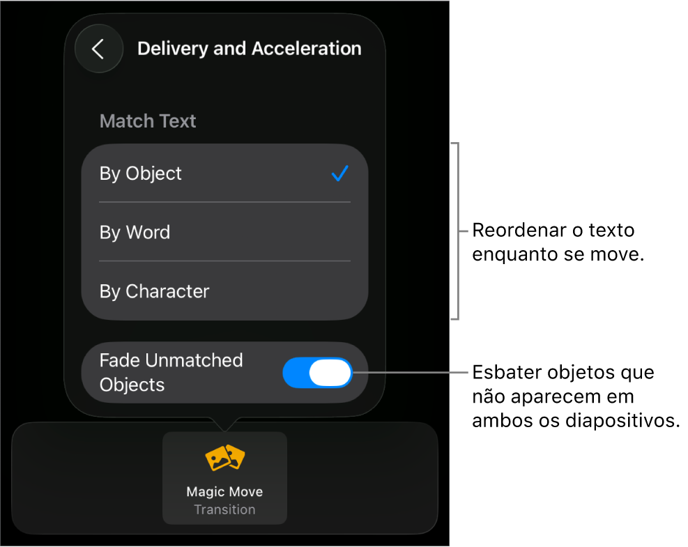 Opões de execução e aceleração do “Movimento mágico” no painel “Aceleração”.