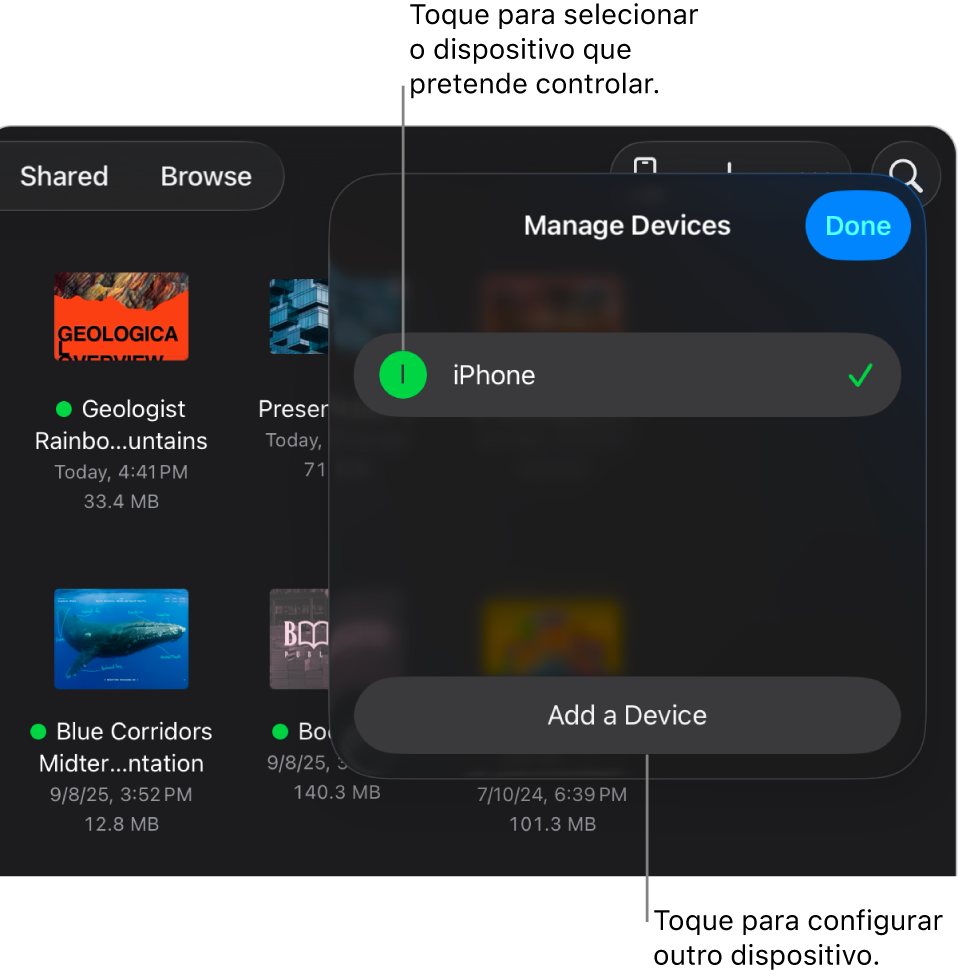 O pop-over “Gerir dispositivos”, mostrando a hiperligação “Adicionar um dispositivo”.