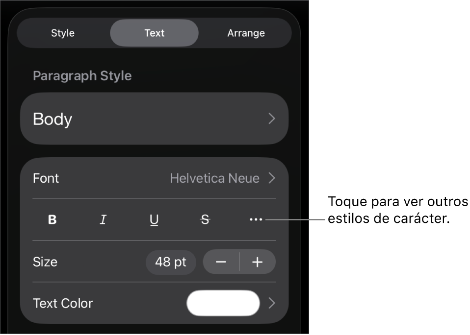 Os controlos de "Formatação” com estilos de parágrafo na parte superior e depois os controlos de tipo de letra. Sob “Tipo de letra” encontram-se os botões “Negrito”, “Itálico”, “Sublinhado”, “Riscado” e “Mais opções de texto”.