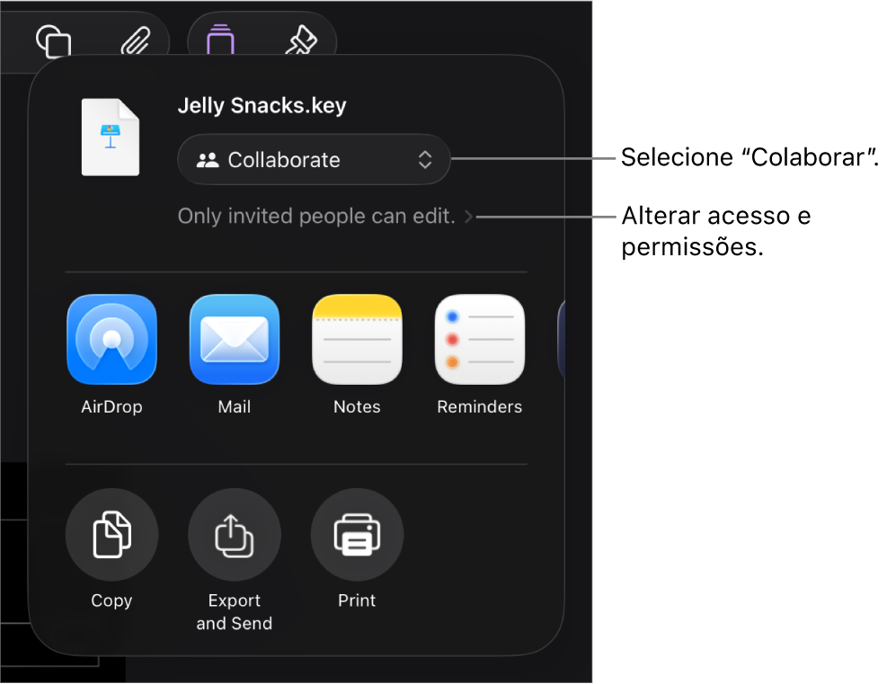 O menu "Partilha” com “Colaboração” selecionada na parte superior e as definições de acesso e permissão por baixo.