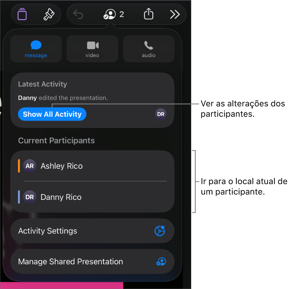 O menu de colaboração com os participantes atuais listados.
