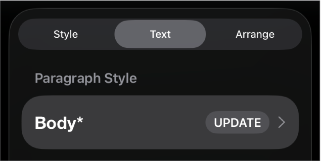 Um estilo de parágrafo com um asterisco junto ao mesmo e um botão "Atualizar” à direita.