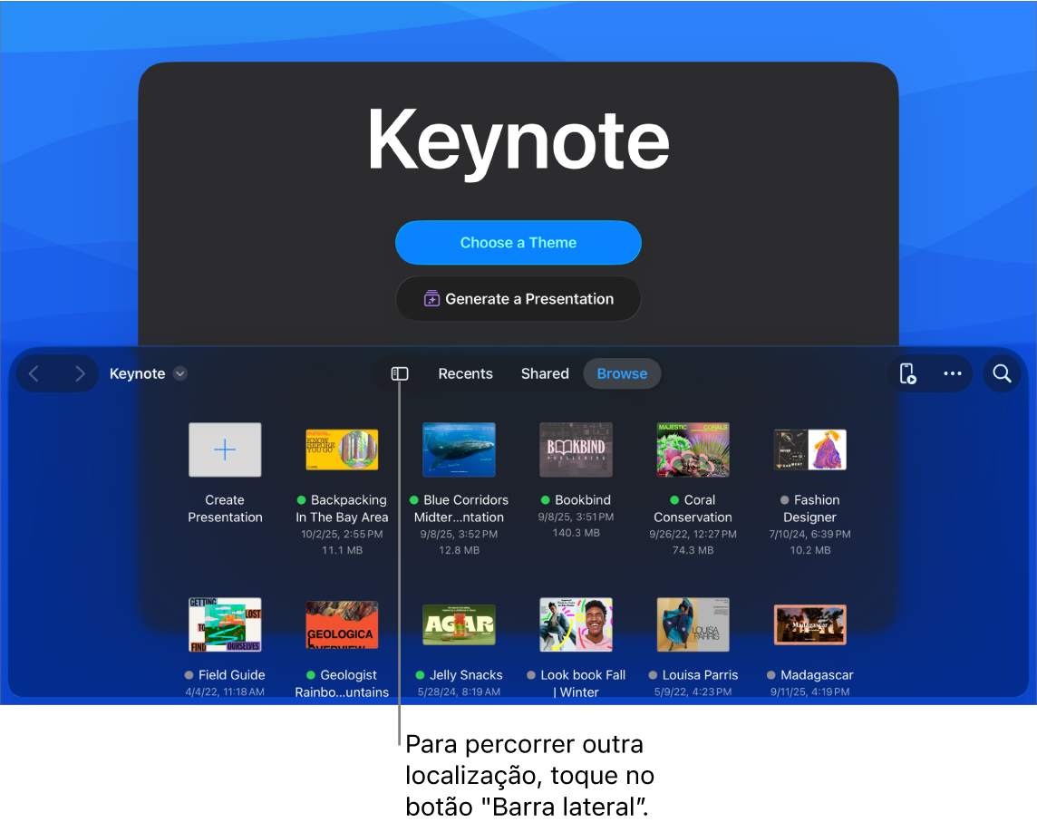 O gestor de documentos com botões para escolher um tema e iniciar uma apresentação de um esboço na metade superior do ecrã e o navegador de documentos com uma apresentação partilhada na parte inferior.