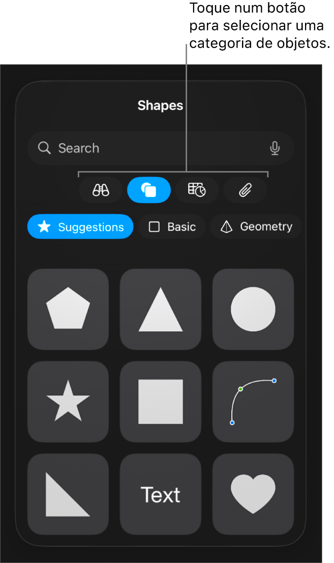 Os controlos para adicionar um objeto, com botões na parte superior para escolher tabelas, gráficos, formas (incluindo linhas e caixas de texto) e multimédia.